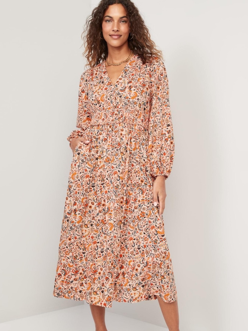 Old Navy Rust Floral Smocked Waist Boho Cottagecore Midi Dress